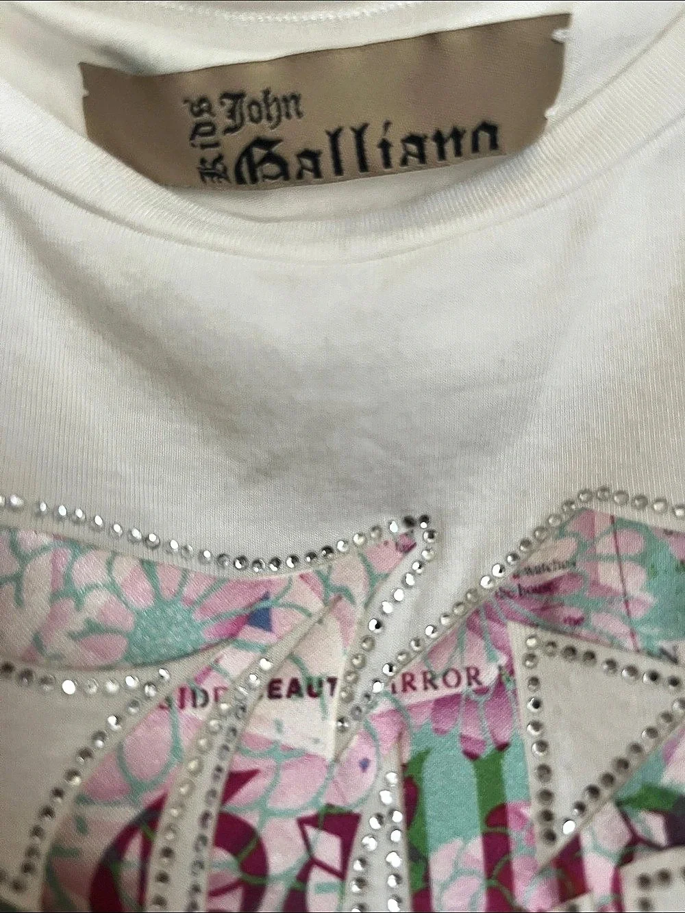 John Galliano Abstract Rhinestone Graphic Girl’s Tank Top White